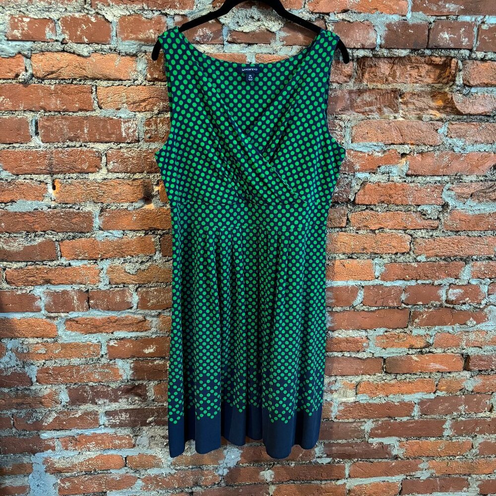 Lands End Womens Green and NavyPolka Dot Sleeveless Dress M Stretchy Comfortable